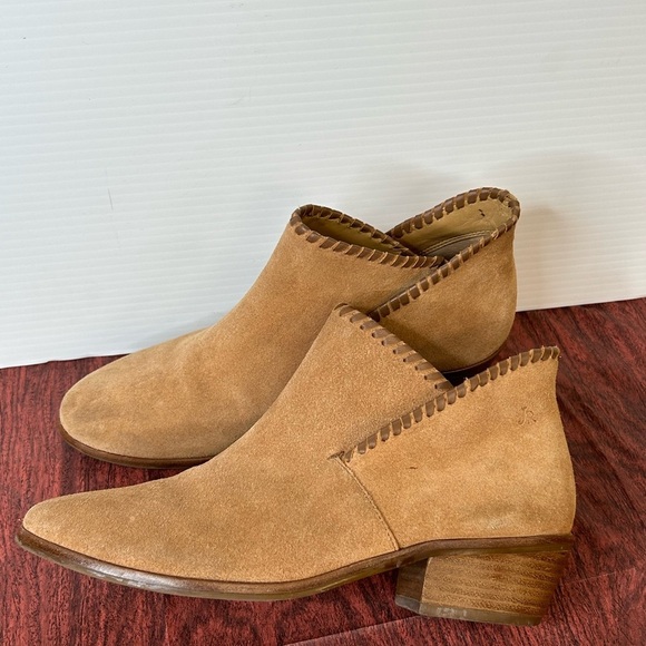 Jack Rogers Sadie Brown Leather Ankle Heel Booties Women's 8 Stitched  Edges - Picture 1 of 8